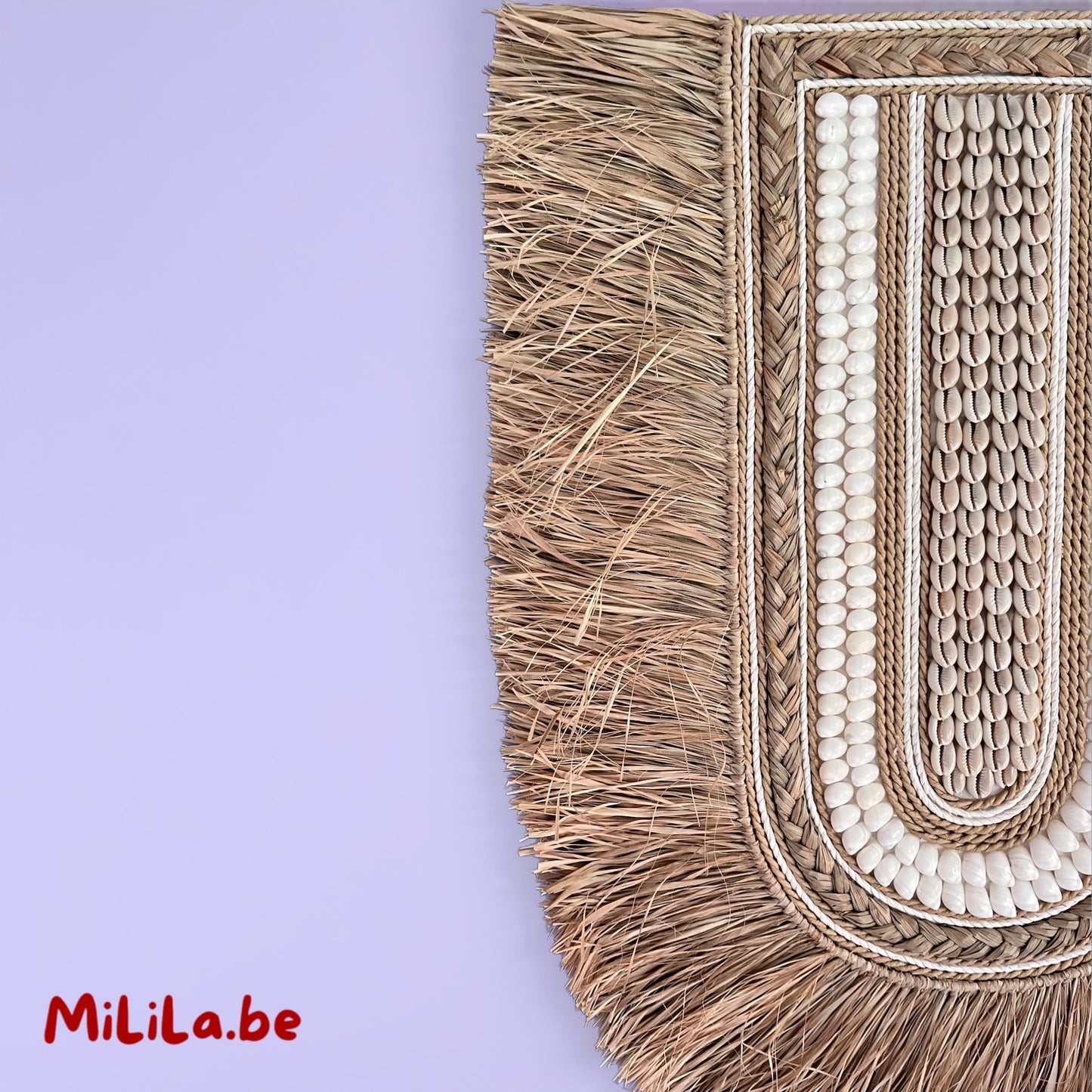 Detail van schelpen en geweven raffia in wandornament