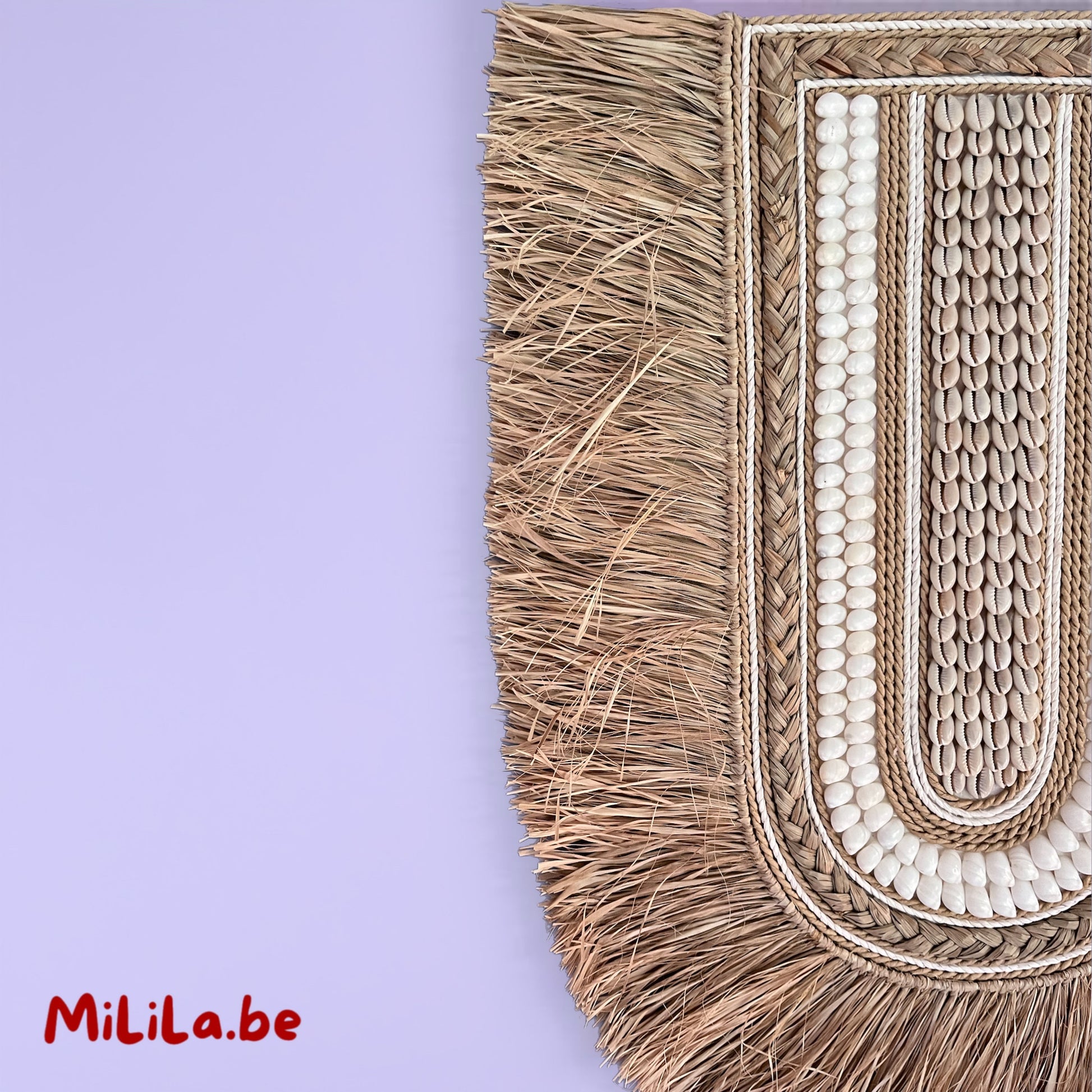 Detail van schelpen en geweven raffia in wandornament