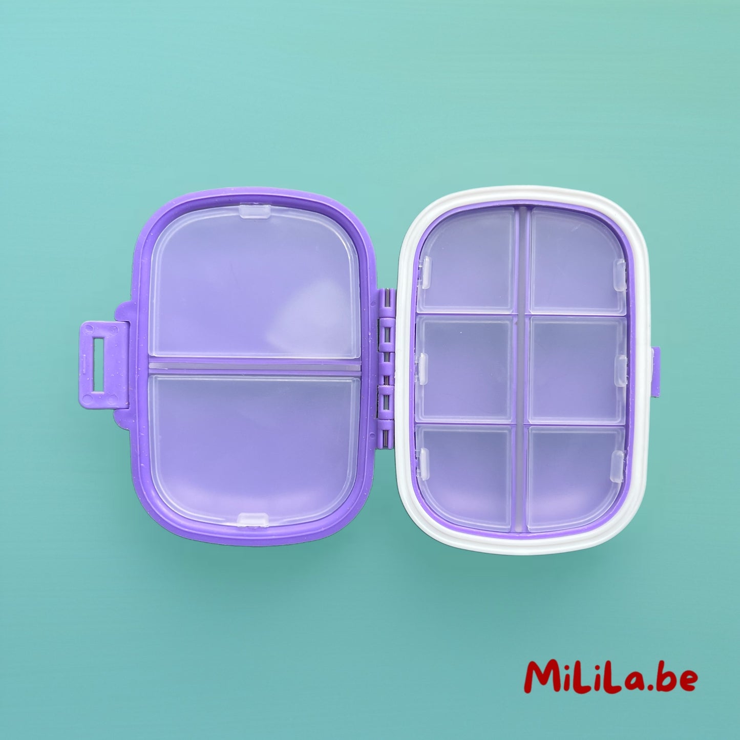 Open pillendoosje met 6 kleine en 2 grote vakjes